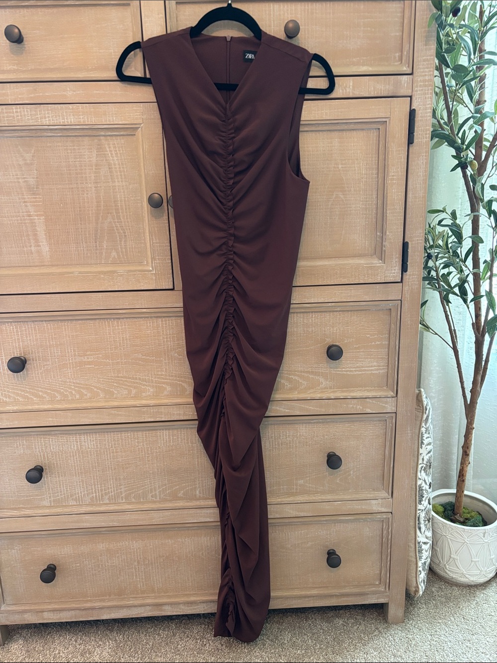 Zara Brown Ruched Maxi Dress